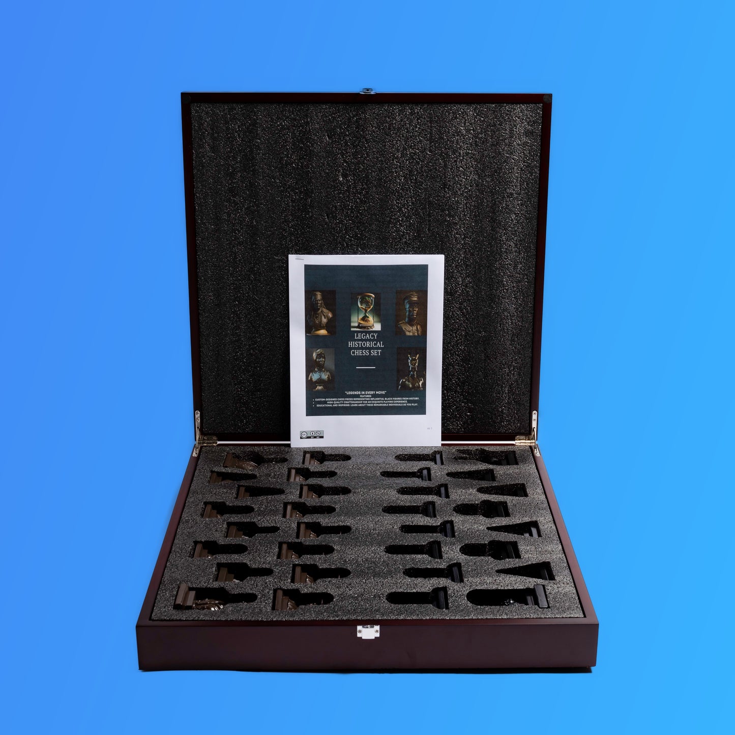 Each piece sits safely inside chess set. Includes  detail description of each legend.